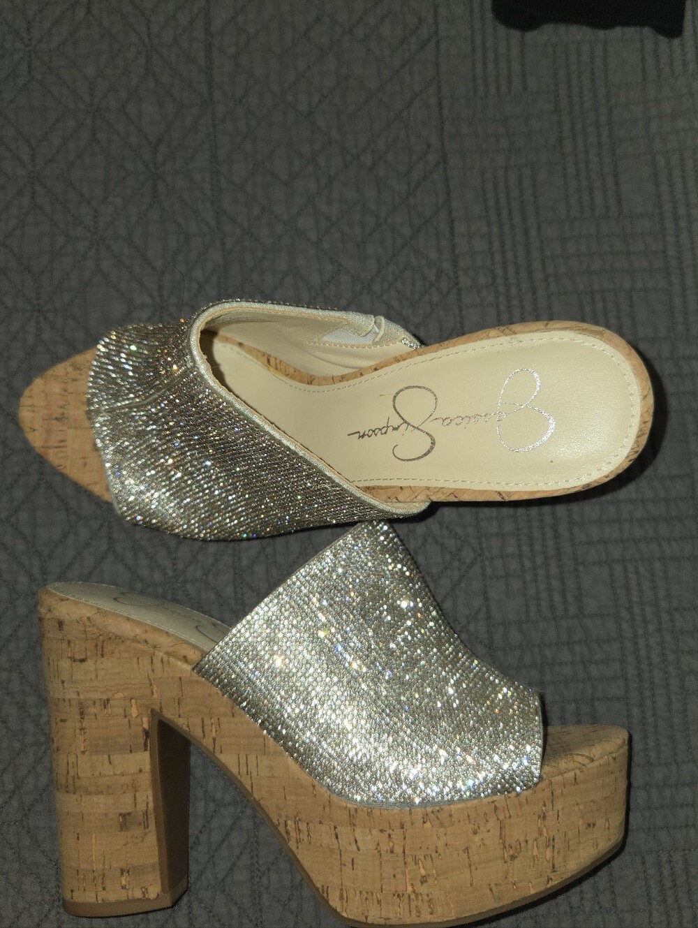 Jessica Simpson Open Toe Silver Sparkle Block Heel - Picture 5 of 6